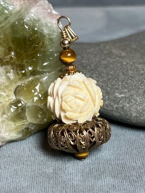 Vintage Estate Pendant, bone carved rose, tiger eye gemstone accent beads.